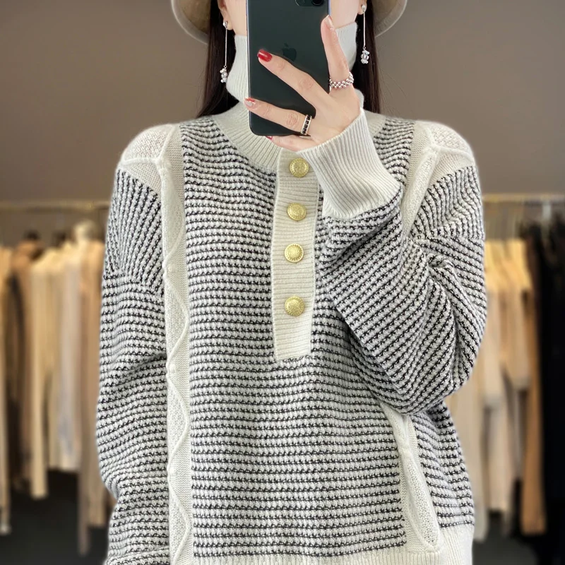 

Autumn And Winter New Woolen Sweater Women's High Neck Long Sleeve Pullover 100% Pure Wool Loose Jacquard Knitted Half Cardigan