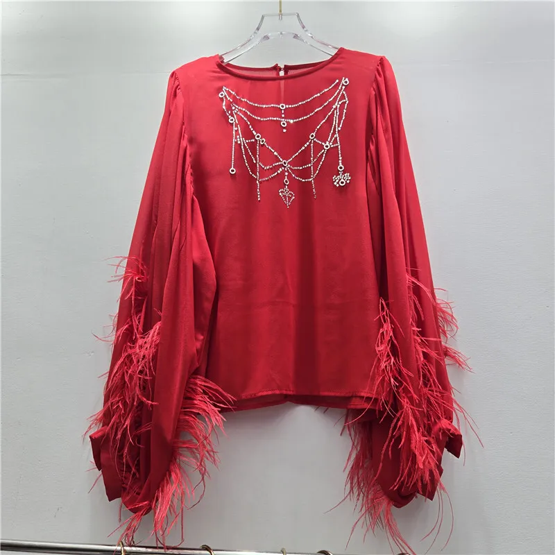 WTHT Fashion Women Diamonds Chain Loose Chiffon Shirt 2025 Autumn O-neck Spliced Feather Long Sleeve Blouse Female 1LS2668