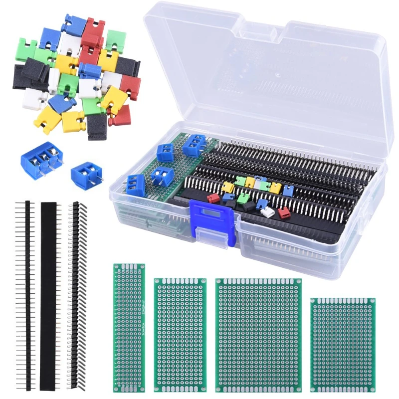 Imagem -02 - Universal Circuito Impresso Pcb Board Kit Protótipo Duplo Lado Faça Você Mesmo com Conector de Cabeçalho Bloco Terminal e Jumper Caps 100 Pcs