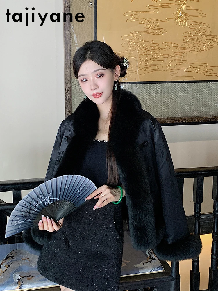 TAJIYANE التوت الحرير الثعلب الفراء سترة قصيرة المرأة أنيقة الأبيض أوزة أسفل معطف جديد النمط الصيني الشتاء ملابس حريمي 2025 روشوبا