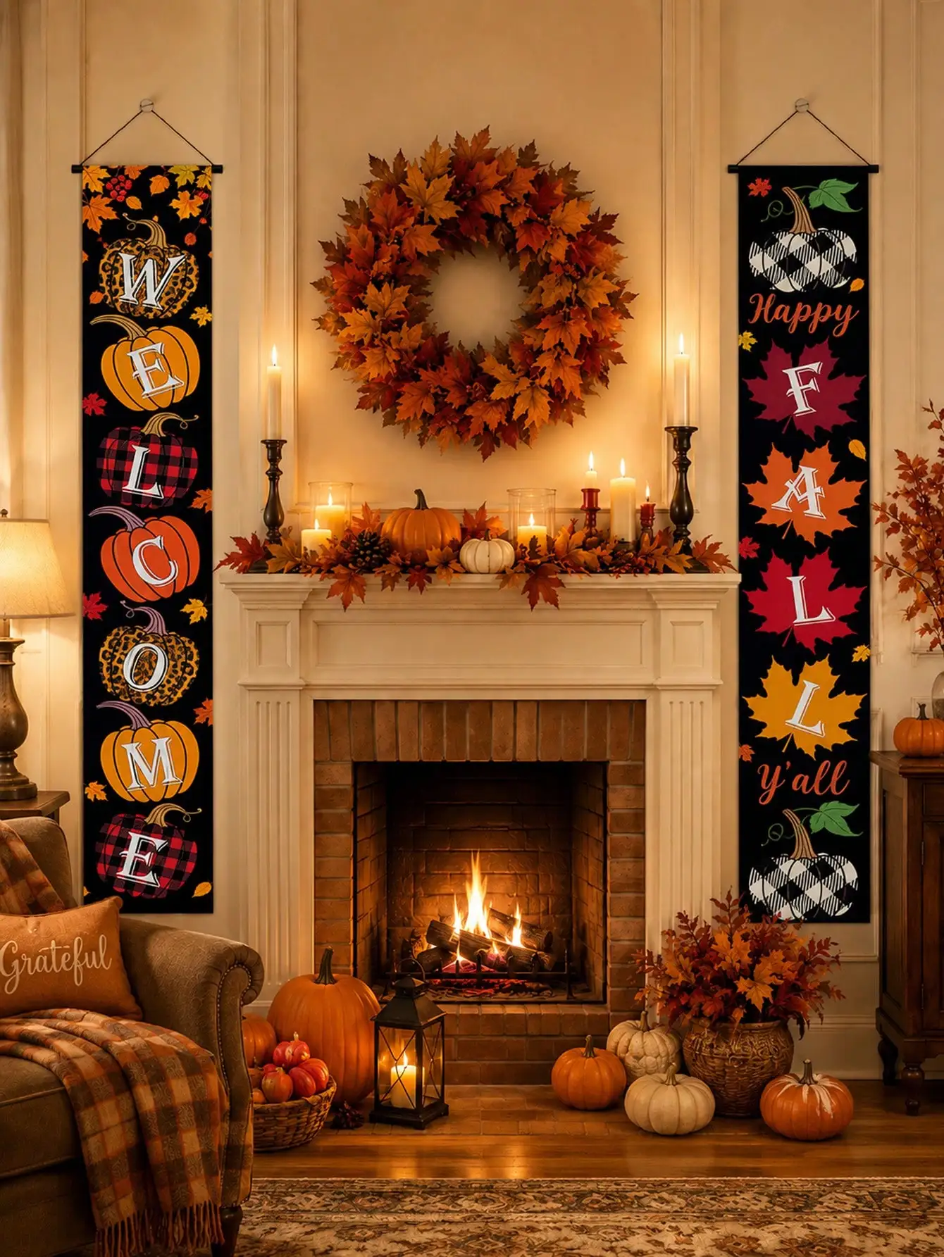 4pcs Welcome Happy Autumn Y'all Porch Banner Set, Reusable Buffalo Plaid Leopard Print Pumpkin Maple Leaf Front Door Hanging Decor, Indoor Outdoor Farmhouse Style Autumn Harvest Thanksgiving Halloween Home Wall Porch Decoration