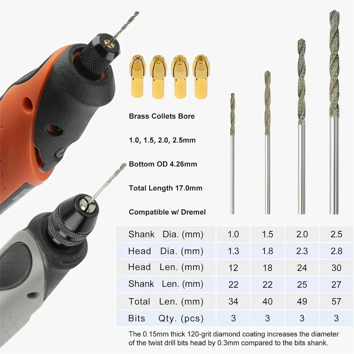 Drill Bits 1mm 1.5mm 2mm 2.5mm 3 Each 120-Grit 12Pcs with 4 Collets for Sea Glass Stone Shells Jewelry Making