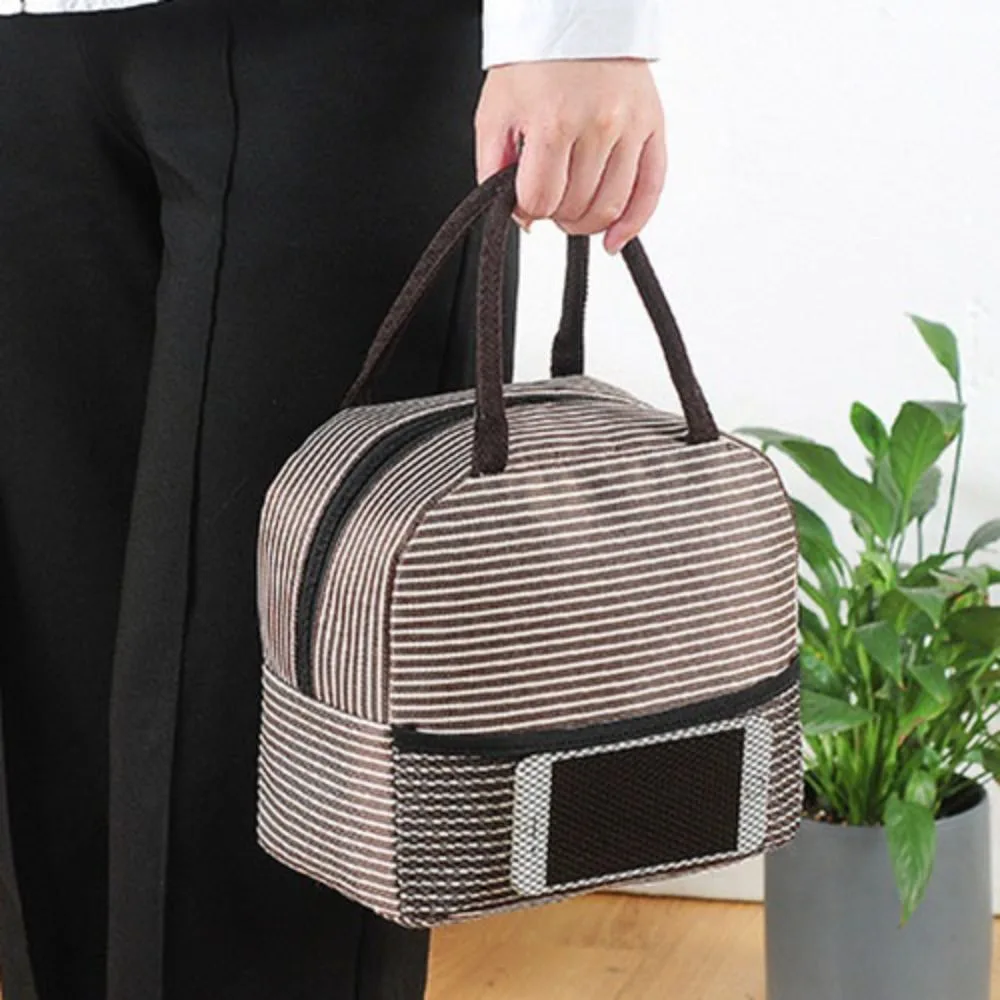 Multifunctional Aluminum Film Lining Striped Thermal Lunch Bag Zippered Insulated Picnic Bag Large Capacity Handbag Student