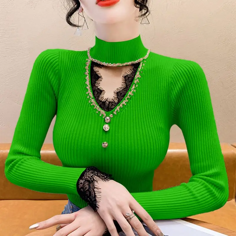 女性用ハーフハイネックセーター,ニットセーター,透かし彫り,長袖,スリムフィット,セクシーなレースのファッション,新しい秋のコレクション2024