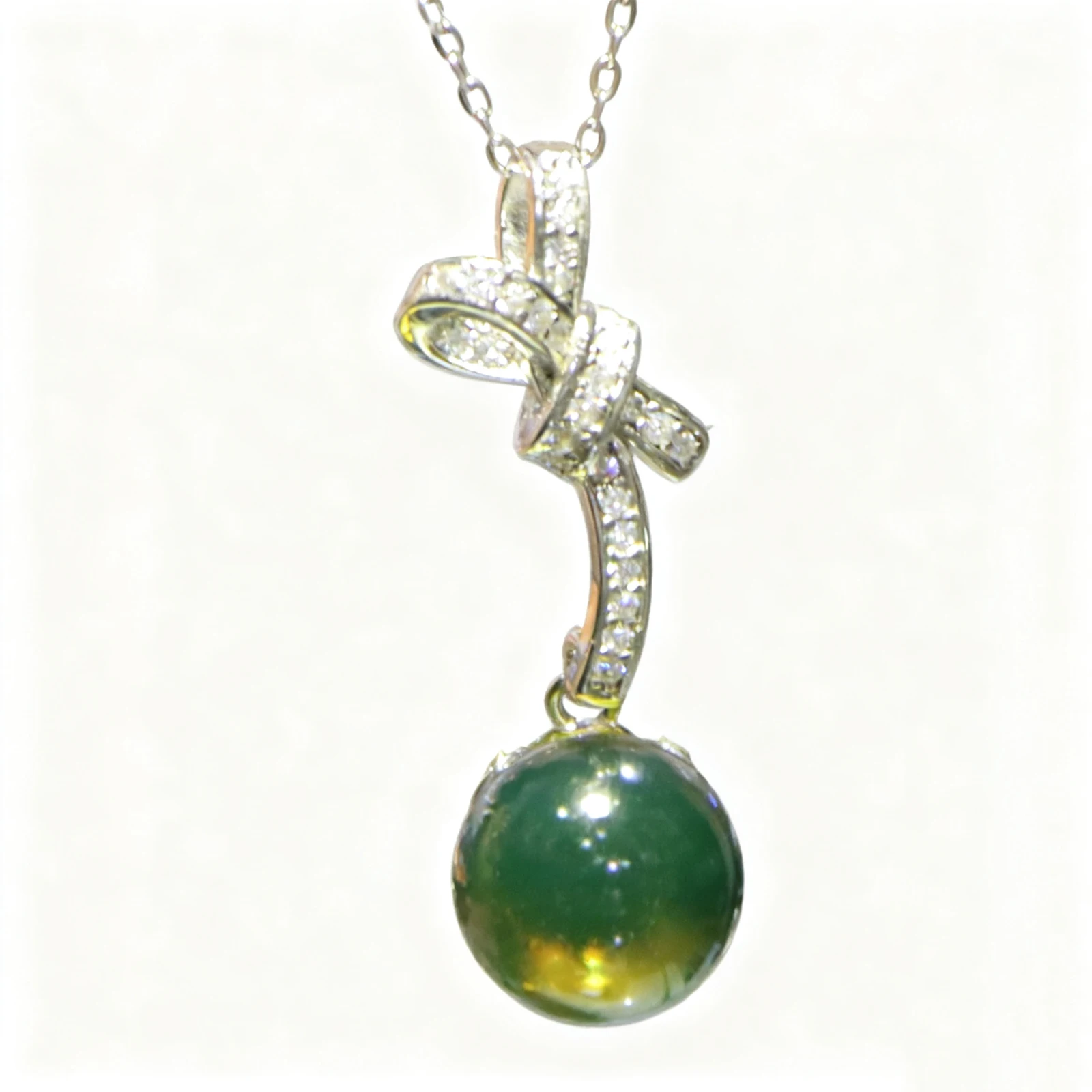 Natural Mexican Blue Amber Pendant 10mm Round Pure Silver Diamond Bow Charm Necklace For Women Sweet Luxury Jewelry Gift