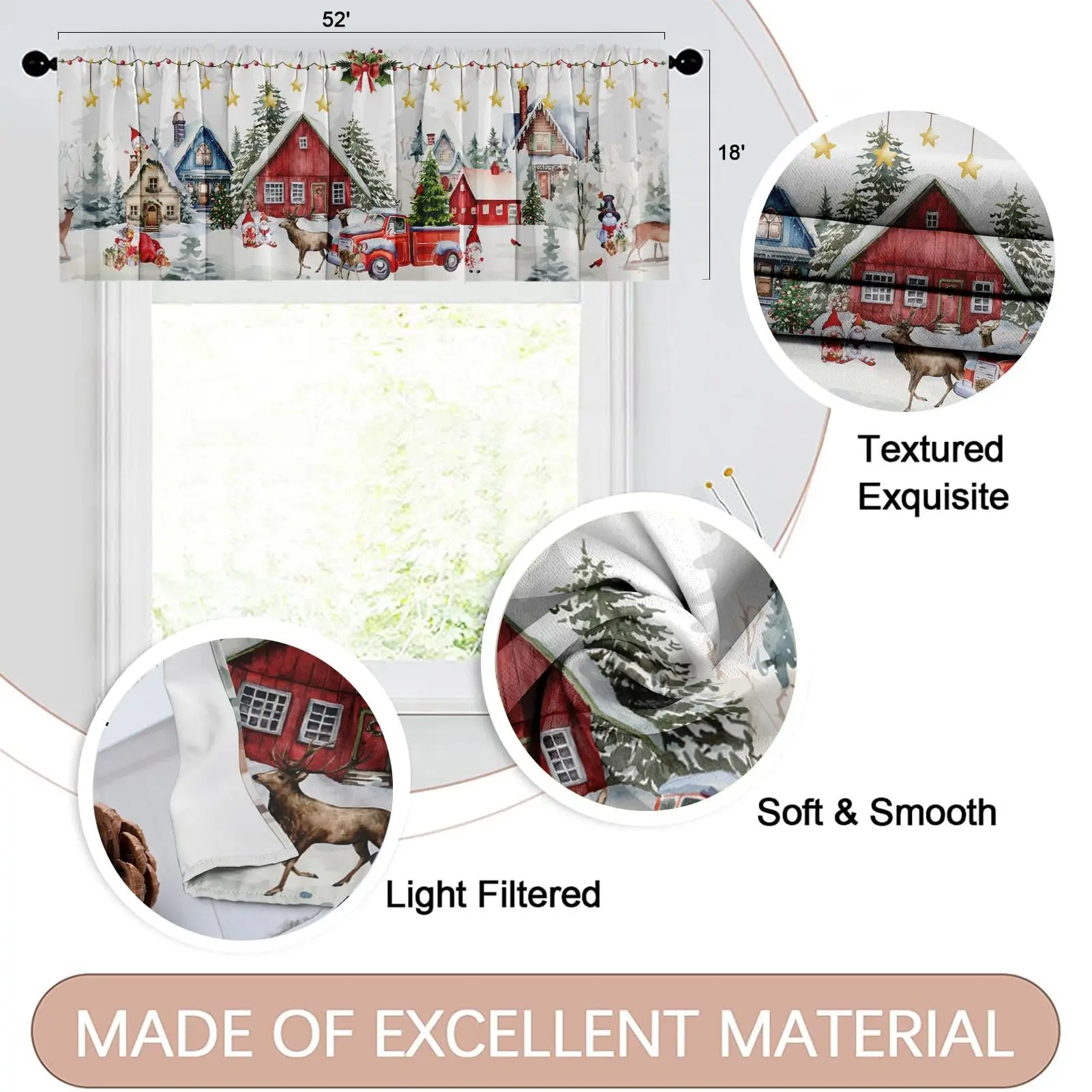 2 Pack Valances Window ,Christmas House Deer Tree Drapes Adjustable Curtain Valances for Windows Living Room Kitchen Sink Above