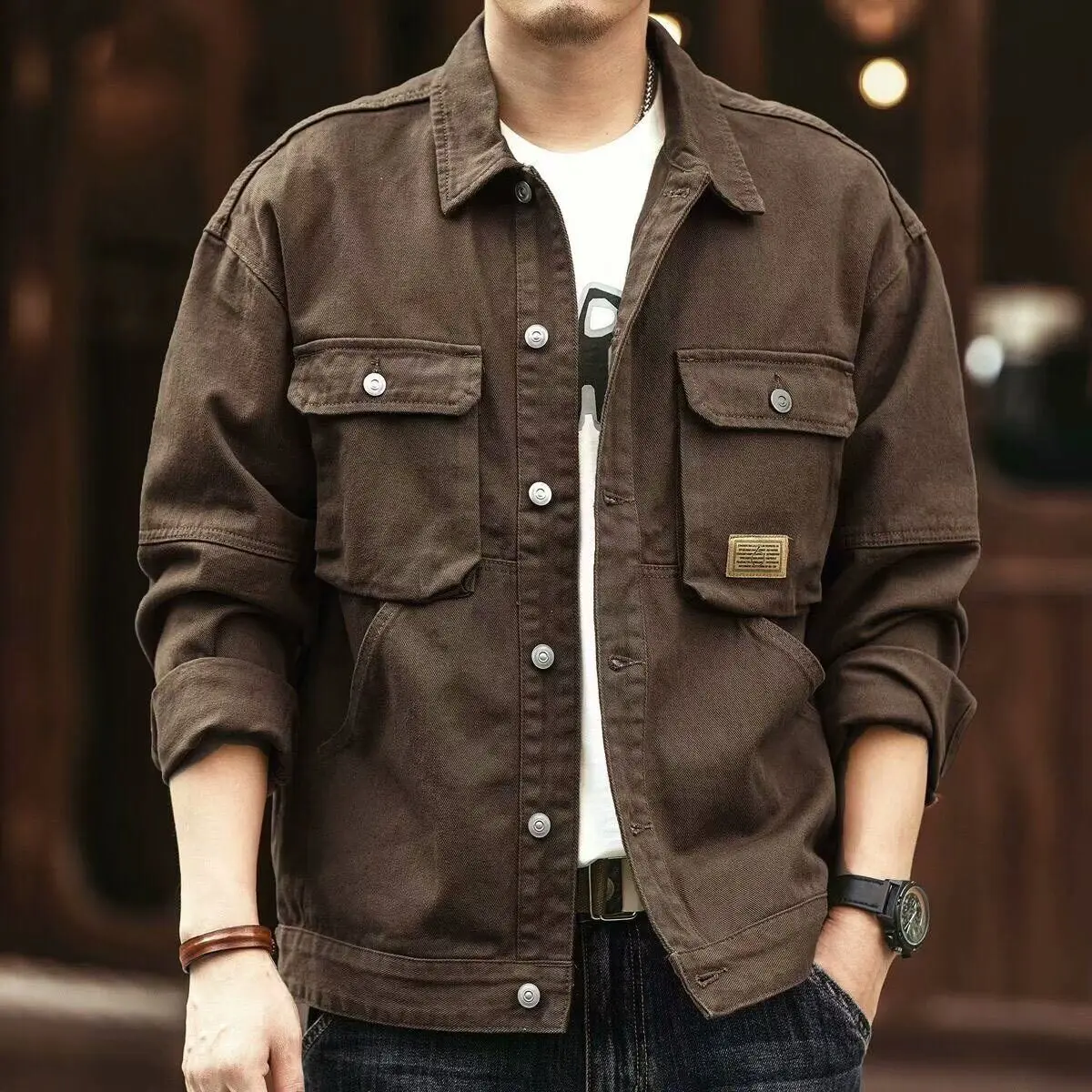 Retro Japanese Style Loose Fit Men's Denim Jacket Casual Spring Autumn Workwear Jacket Multi Pockets Cotton Youth Fashion