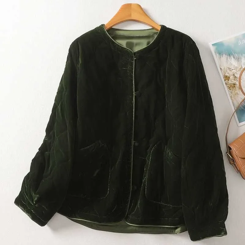 

Autumn Winter for Women Parkas Solid Velour Fabric Casual Fashion Buttons Round Neck Loose Coats Green Commute Women's Clothing