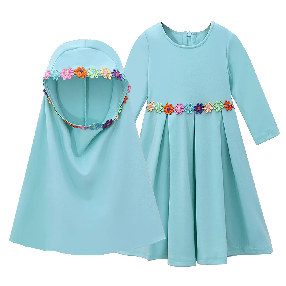 Modest Muslim Girls Dress Abaya for Baby Toddler Kids 6-12M 1-5Y Prayer Dresses Islamic Burka Kaftan 2pcs/set Flowers Appliques