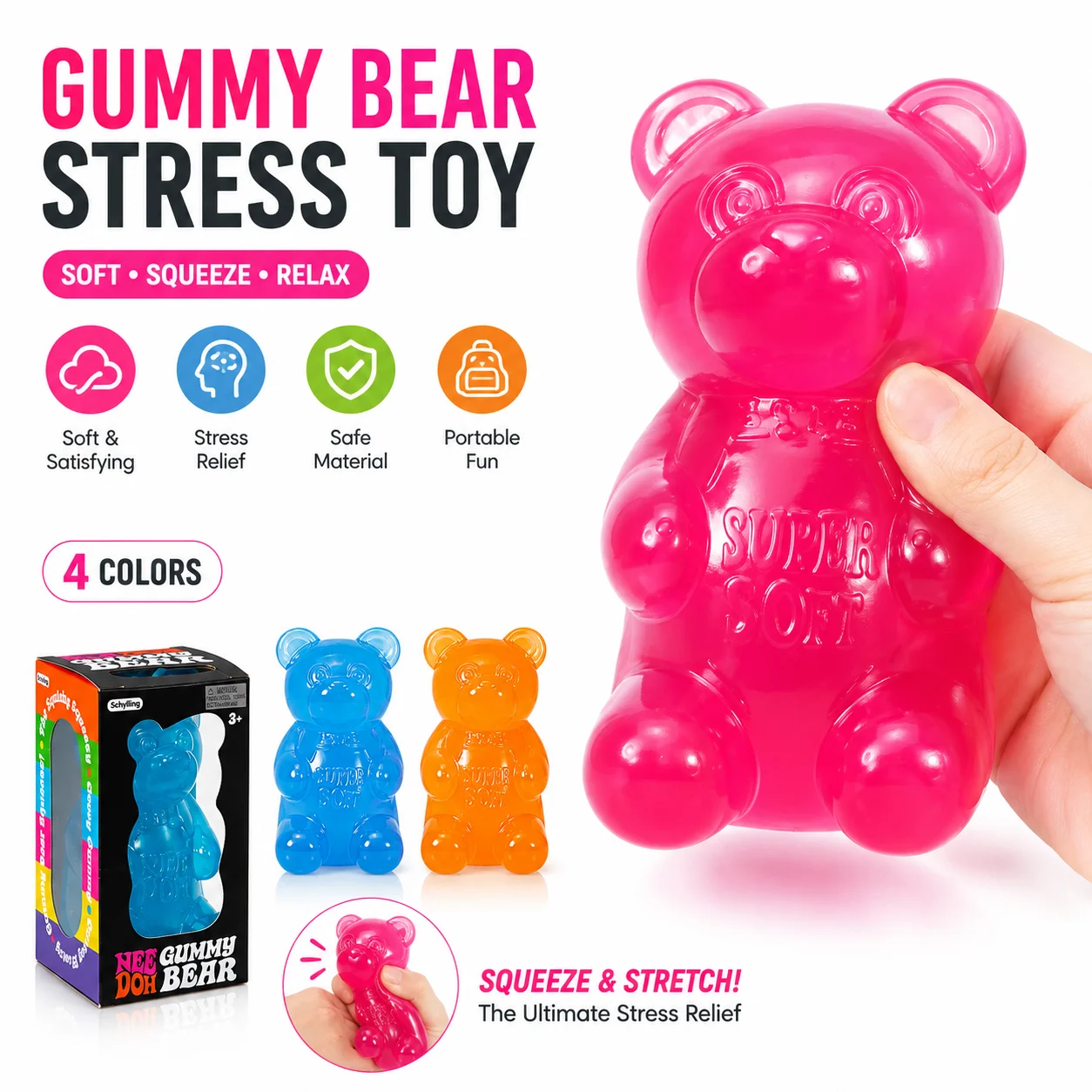 NeeDoh Gummy Bear Squishy Toy Soft Stress Relief Sensory Fidget Squeeze Toy for Kids & Adults Non-Toxic Anxiety Relief Desk Toy