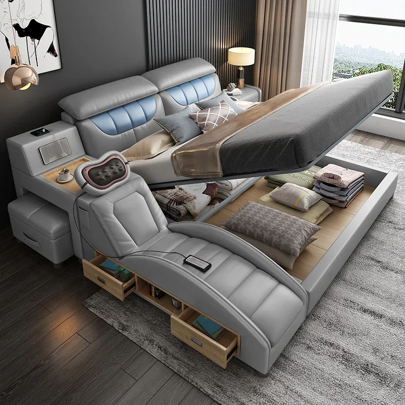Vintage Modern House Double Bed Luxury Leather Massager Storage Italian Bed Multifunctional Regale Muebles Unique Furniture