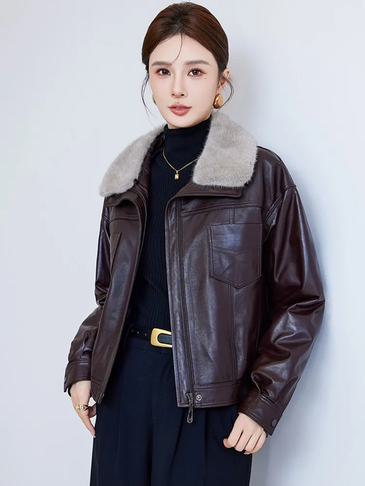 Mode Winter Vrouwen Echt Leer Down Jas Warme Nertsen Bontkraag Rits Loose Fit Straat Schapenvacht Motorfiets Korte Jas