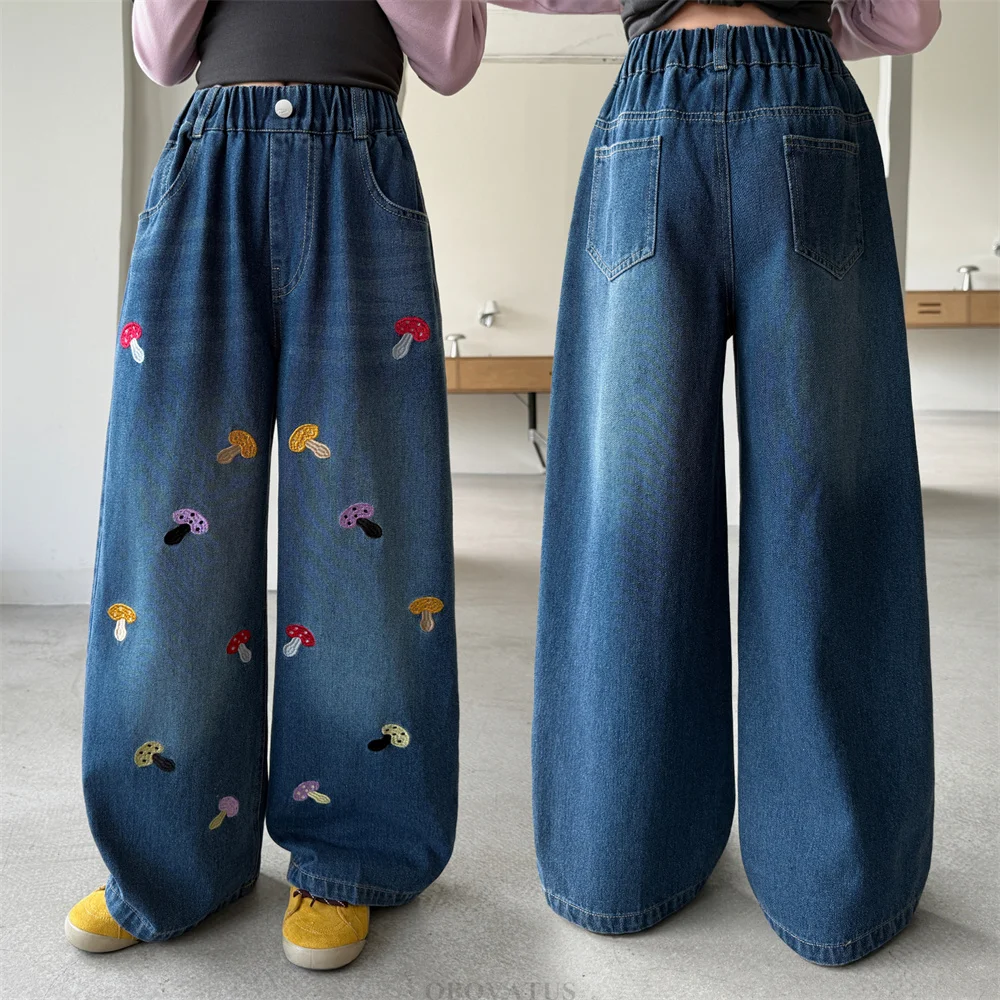 Spring Autumn New Kids Designer Retro Blue Wide Leg Jeans With Mushroom-Shaped Embroidered For Children Girl Fashion Denim Pants