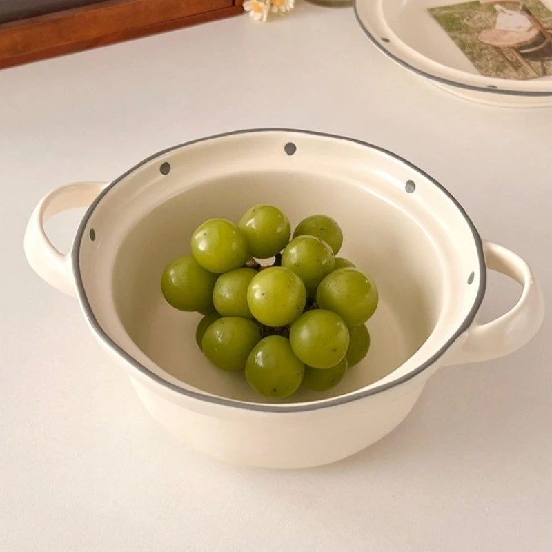 Simple Solid Color Polka Dot Ceramic Double Ear Bowls Student Dormitory Large Capacity Instant Noodle Bowls Soup Bowls Tableware