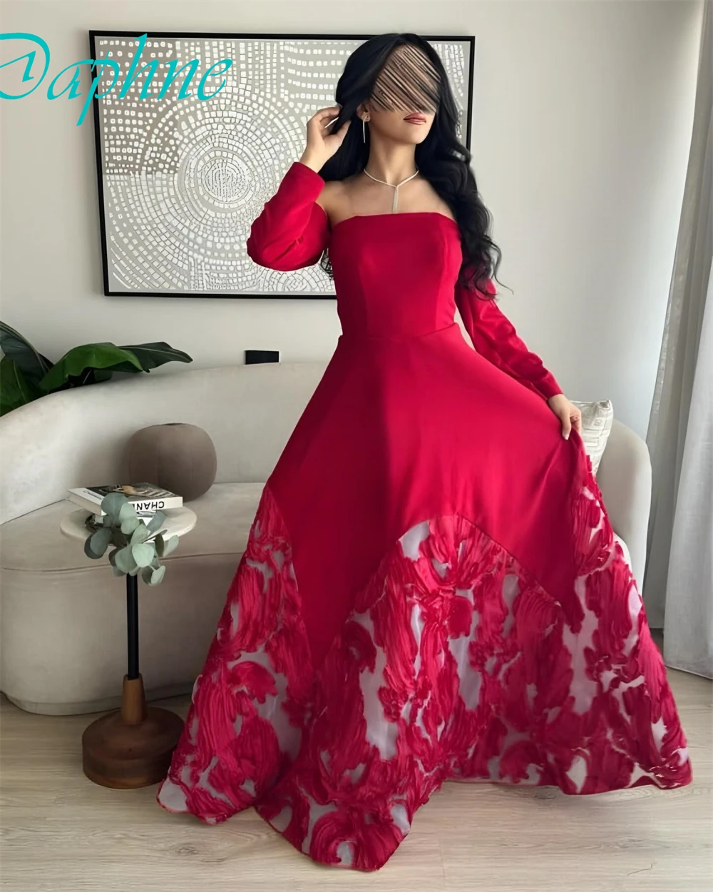 

Customized Exquisite Off the Shoulder Long Sleeves Evening Dress High Quality Satin Prom Dresses Temperament Party Gowns