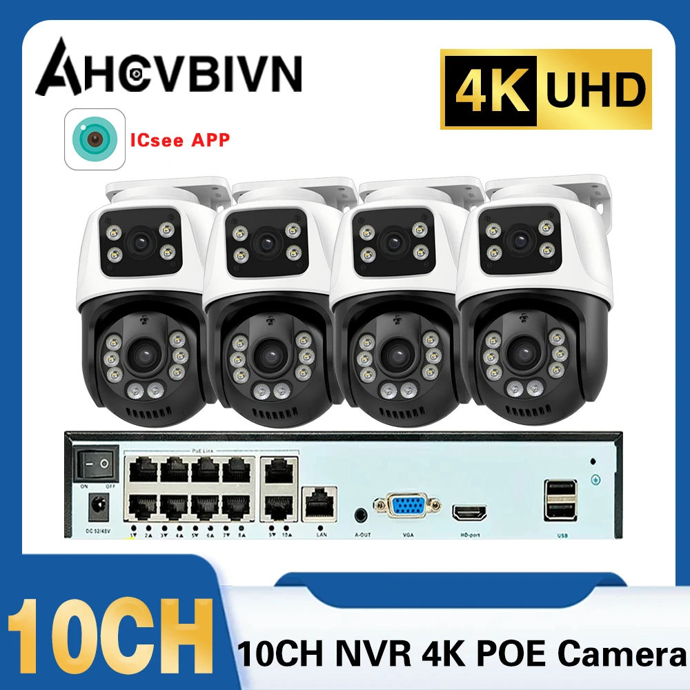 10CH POE NVR 8MP HD Waterproof Surveillance Camera Dual Lens PTZ Home IP Security System Video H.265 CCTV Kit XMeye