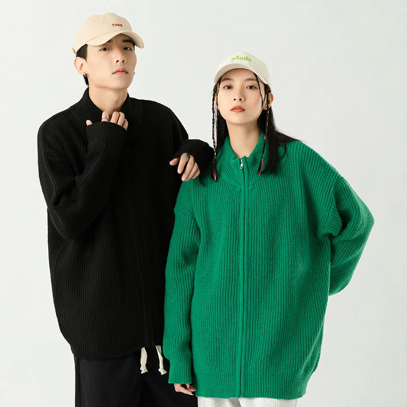 

2025 Vintage Zipper Cardigan Women Men Zip Up Sweater Coat O-neck Elegant Knitted Cardigans Tops Fashion Autumn Green Knitwear