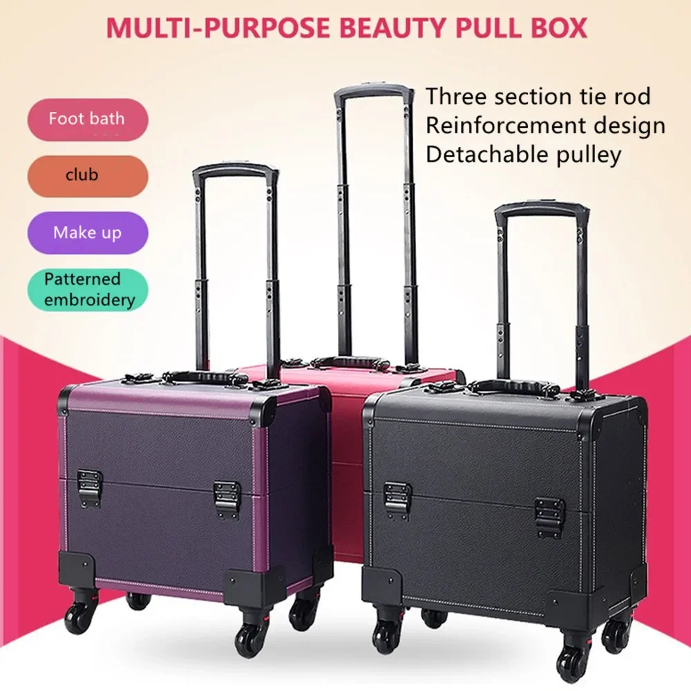 

Portable PU Trolley Case Cosmetic Suitcase Bags Beautician Travel Luggage 4 Wheel Lock Box Women Handbag Aluminum Frame Baggage