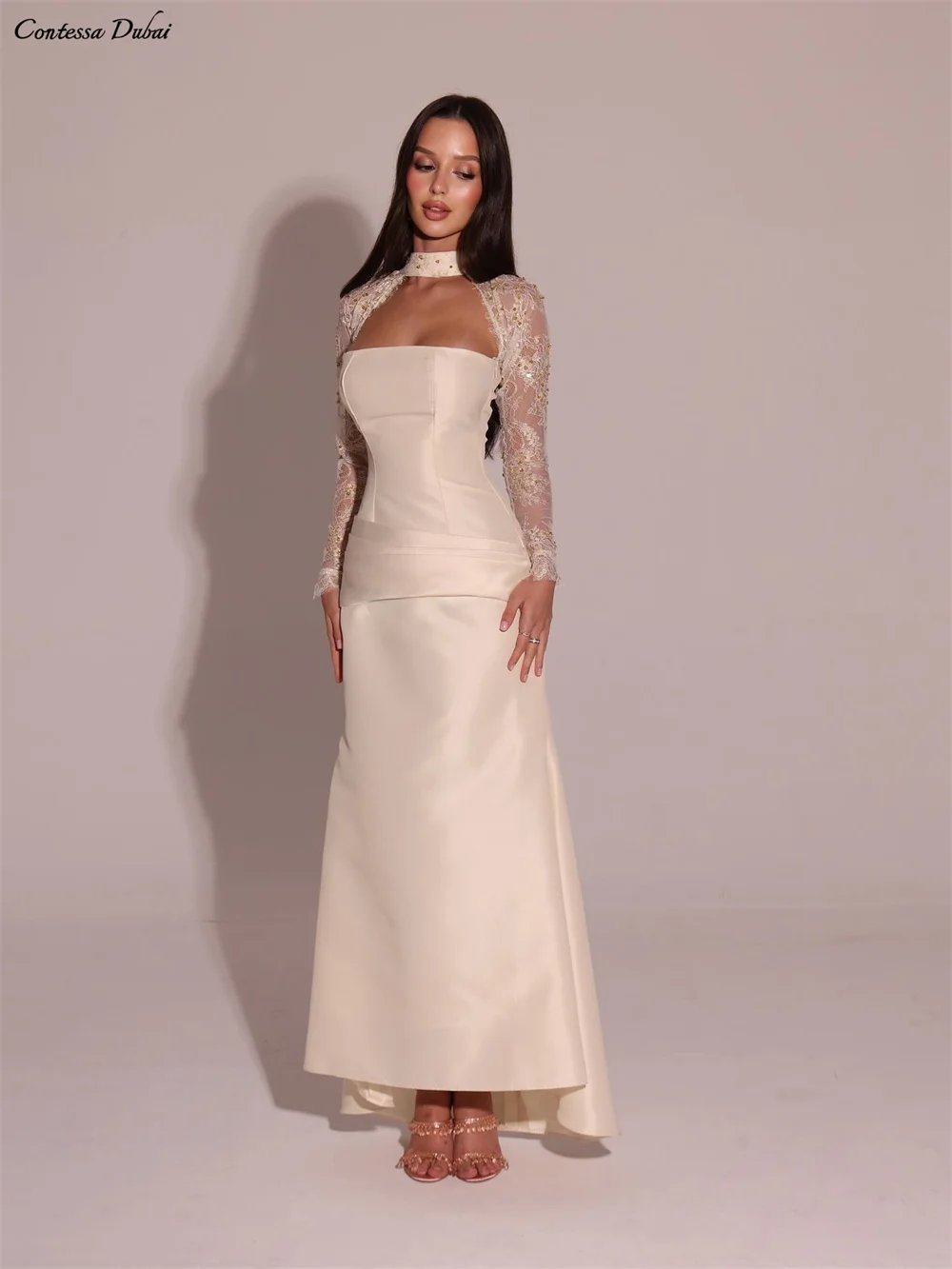 Contessa Customized Beige Beaded Lace Corset Prom Dresses Satin Strapless robes de soirée High-low Column Formal events dress