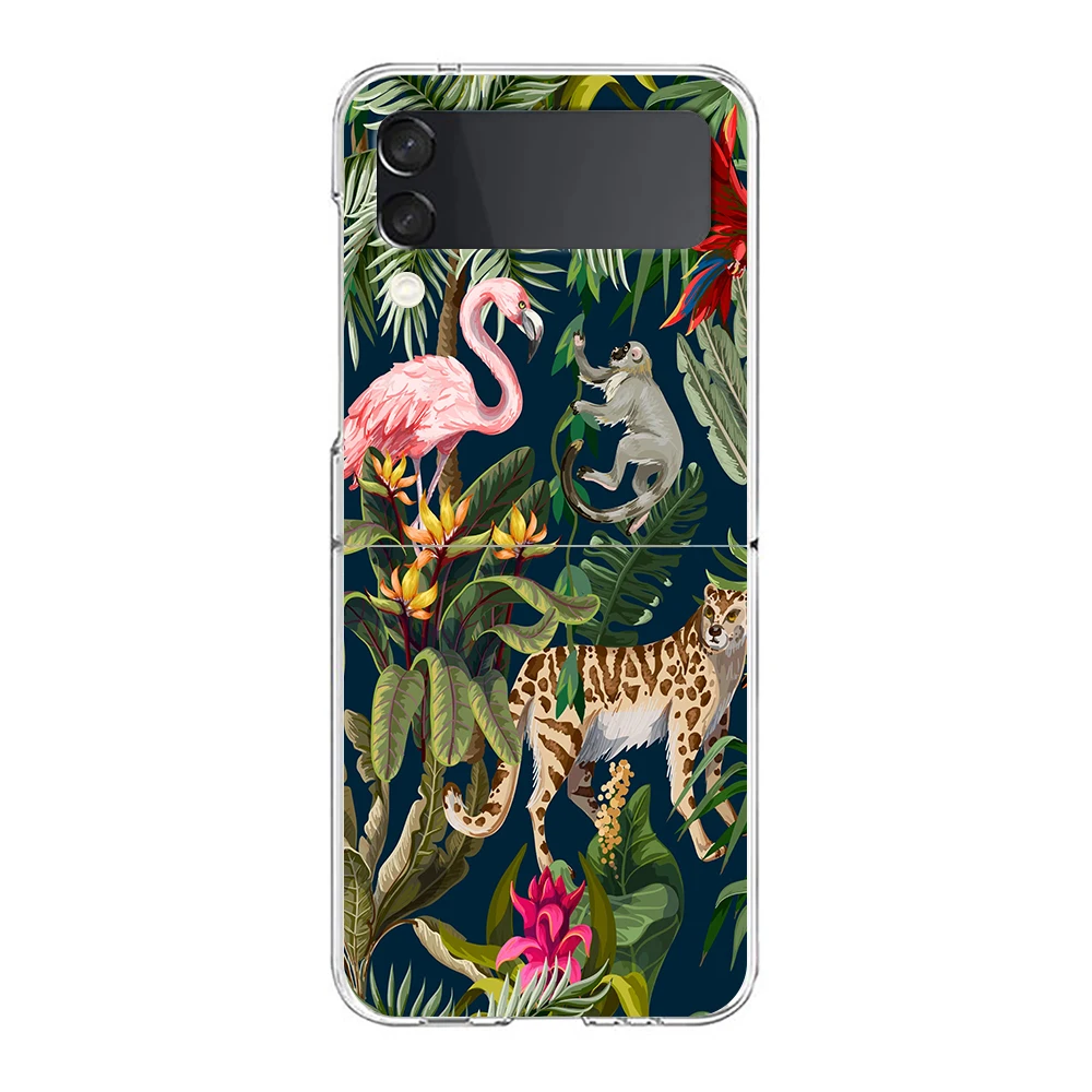 Phone Cover For Samsung Galaxy Z Flip 7 6 5 4 Case Transparent For Samsung Z Flip 3 Hard PC Capas Tropical Jungle Print Leopard