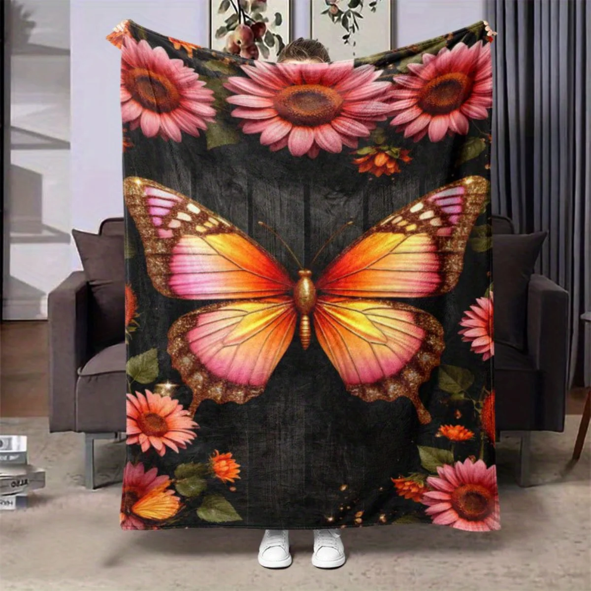 

Фланелевое одеяло с бабочкой и цветочным узором - кровать, диван, офис, путешествие, подарок, украшение, стул, комфорт и тепло, Рождество