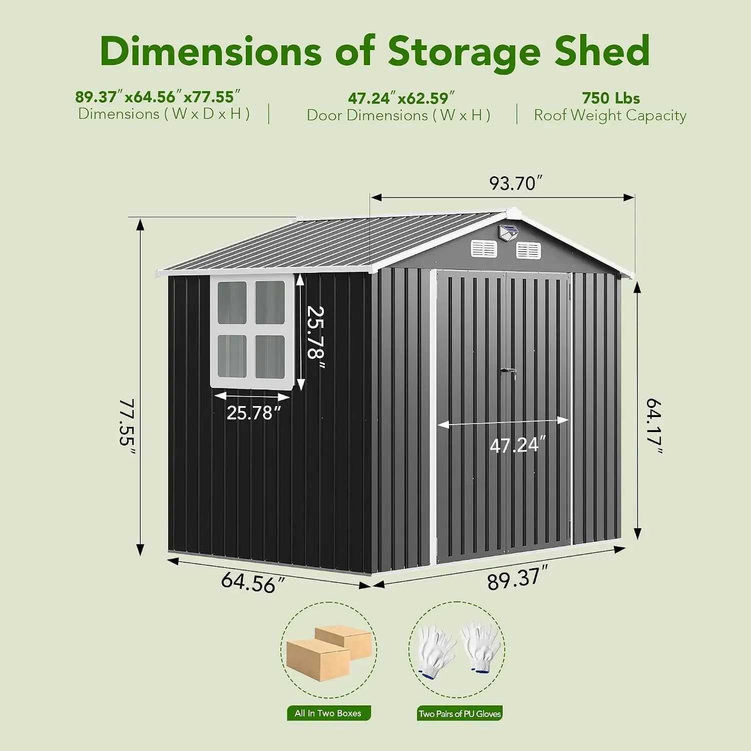 Metal Outdoor Storage Shed with Window & Lockable Doors, Sloped Roof, Magnetic Solar Lamp, Waterproof Tool Shed, Custom
