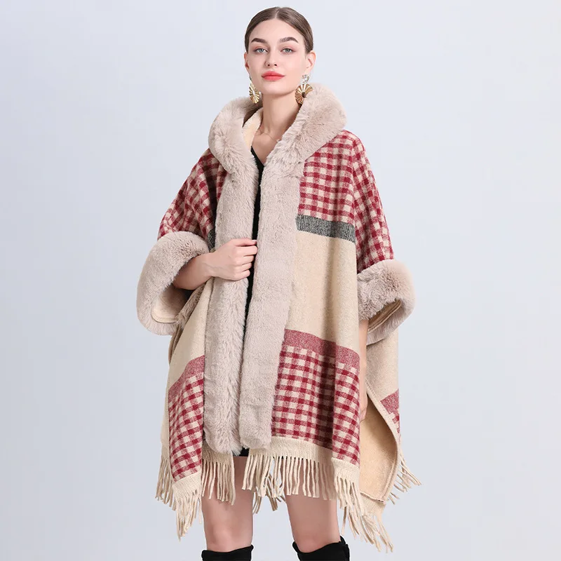 

Loose Plaid and Plush Thick Fur Collar Knitted Shawl Cape Women's Woolen Fringe Jacket