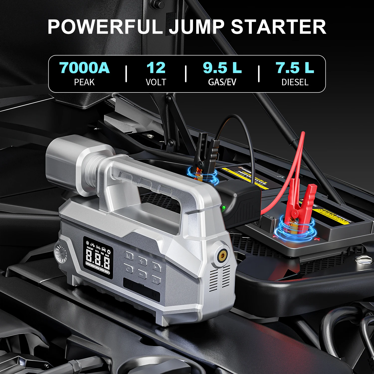 Car Jump Starter With Air Compressor &1000LM LED With Flashlight, 7000A Car Jump Starter Booster Includes Smart Jumper Cables, 150PSI Auto Tire Inflator For12V Cars, Trucks, SUVs (Up To 9.5L Gas/7.5L Diesel)