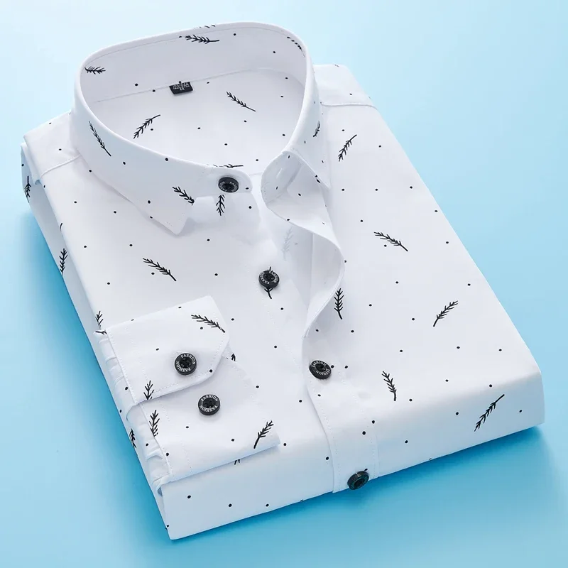 Camisa informal con estampado de plumas para hombre, camisa de negocios ajustada de manga larga, botones formales de oficina de alta calidad,