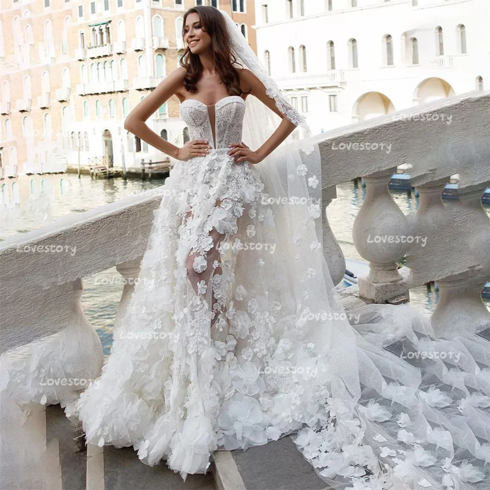 Vestido de novia con apliques de flores 3D de encaje, vestido de novia con velo de novia, vestidos de novia largos de tul transparente