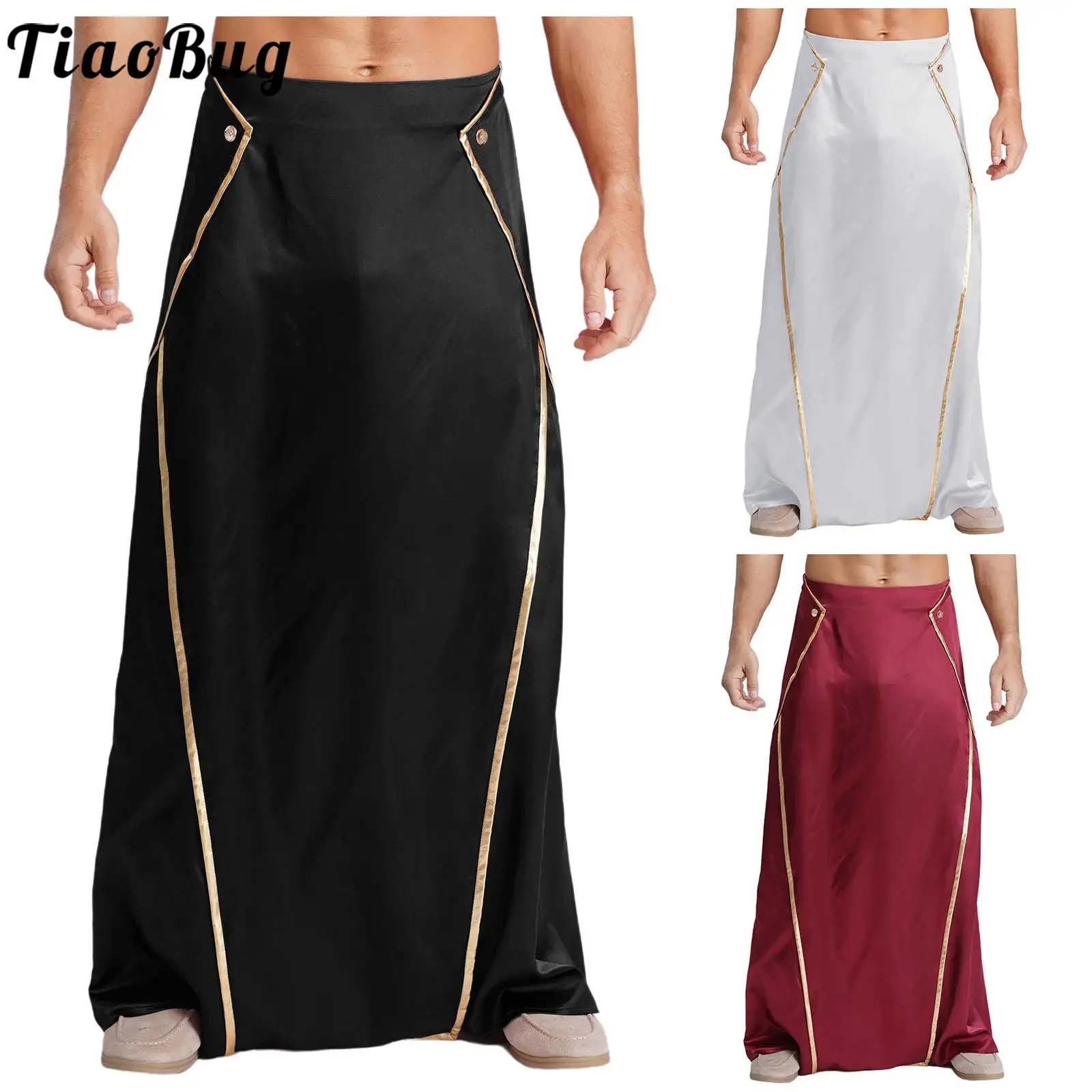 

Men Prince Metallic Trim Dhoti Long Skirts Worship Praise Costumes Satin Elastic Waist Maxi Skirt for Halloween Dress-up Costume