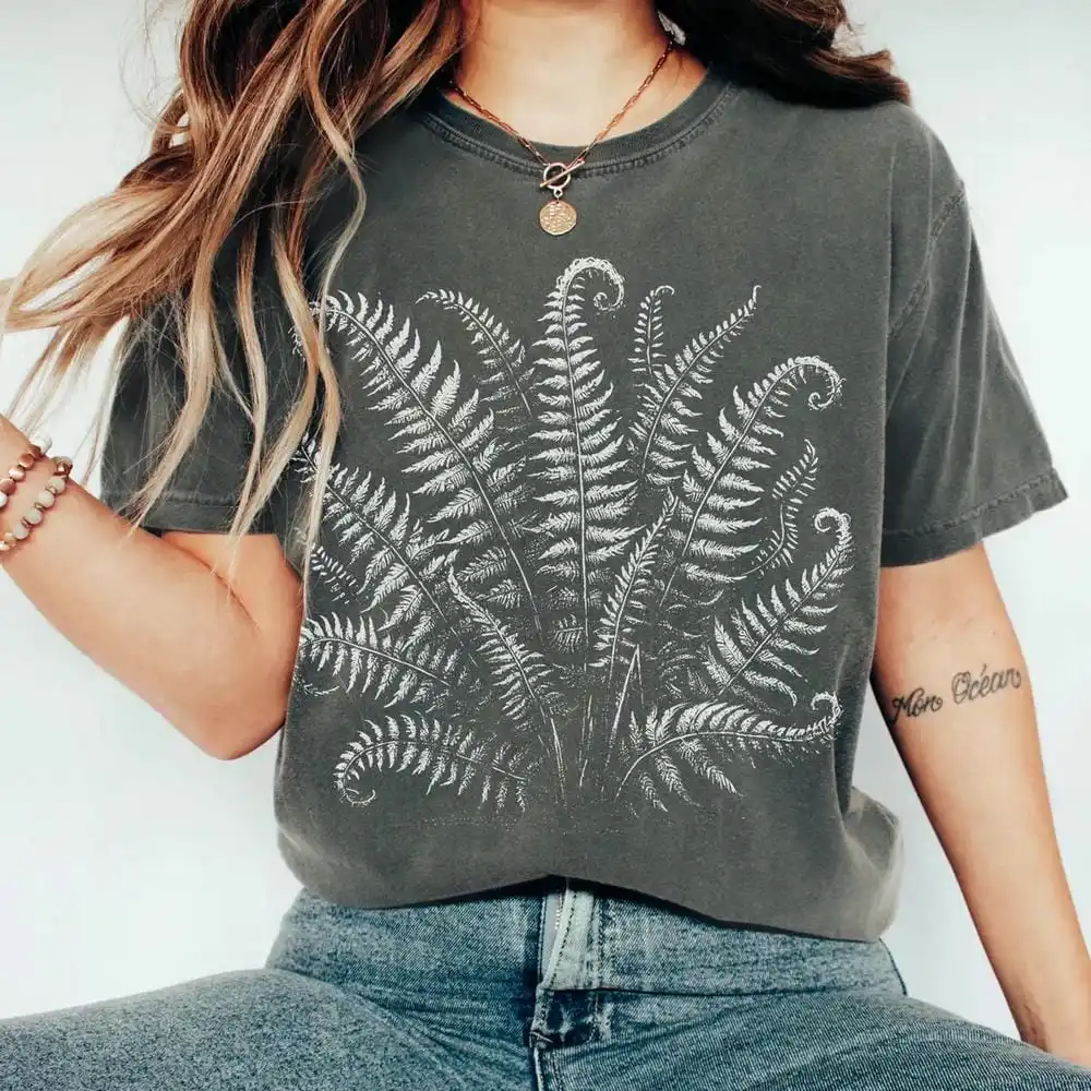 Forest Fern Shirt Vintage Linocut Fern Leaves Shirt Dark Academia Shirt Botanical Shirt Cottagecore Nature Aesthetic T-shirt