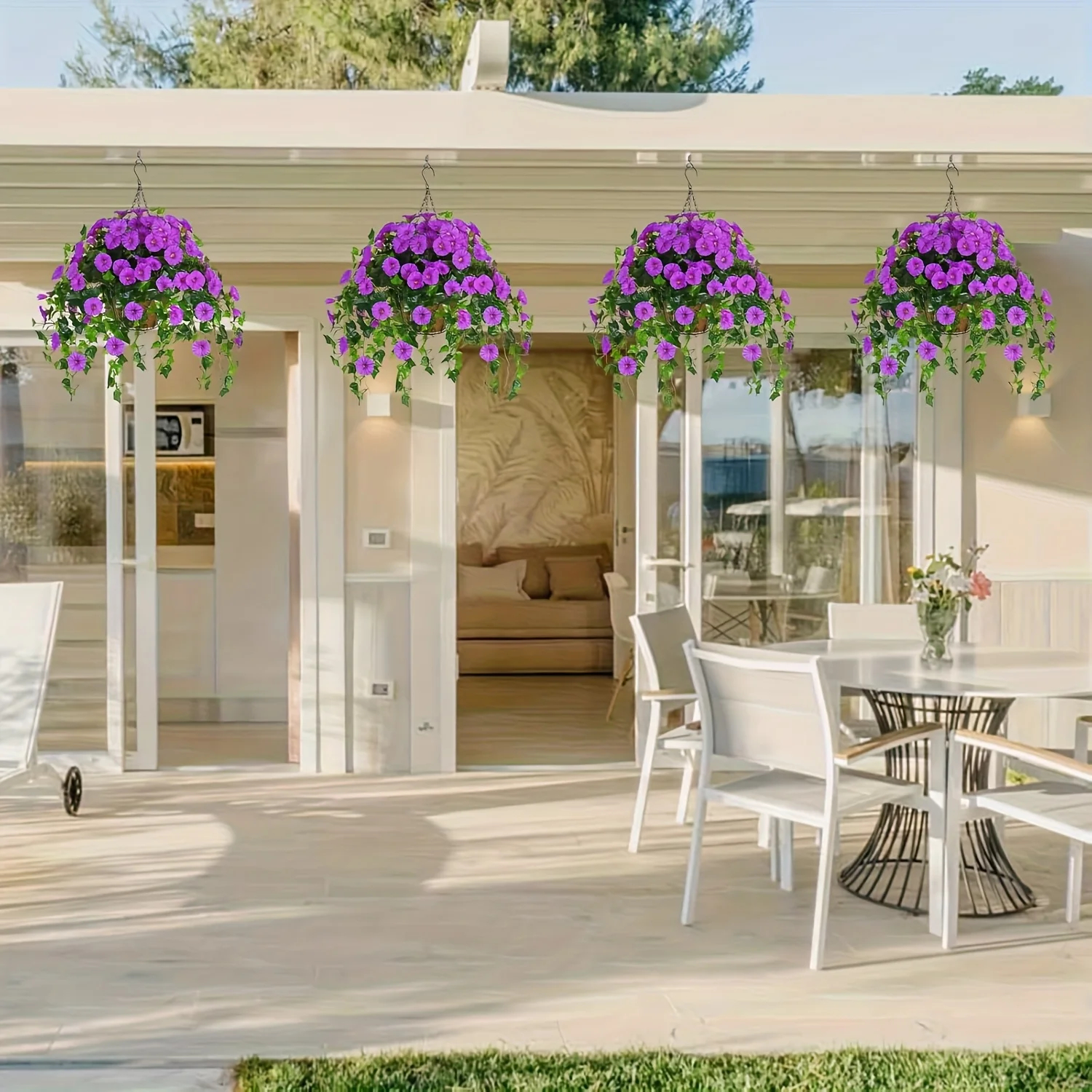 

Hanging Flowers Plants with Baskets for Outdoor, Artificial Plants for Home Decor, Realistic Faux Morning Glory Vines Pot