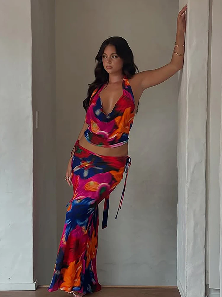 

Женский комплект Sisterlinda из 2 предметов с красочным принтом: летний трендовый топ-халтер без спинки + юбка с драпировкой, элегантный костюм