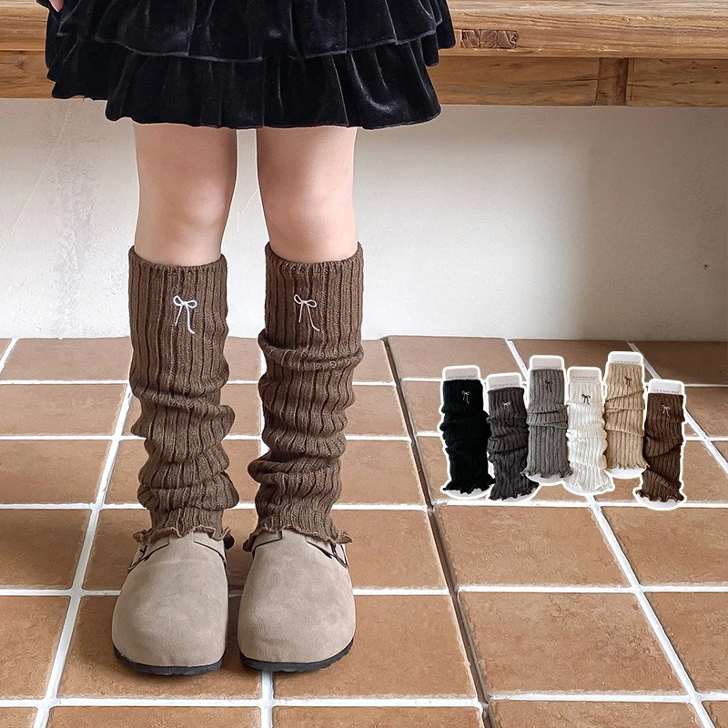 

Embroidered Bow Girls Leg Warmers Lolita Long Socks Solid Knitted Foot Cover Arm Warmer Autumn Winter Crochet Heap Boot Cuffs