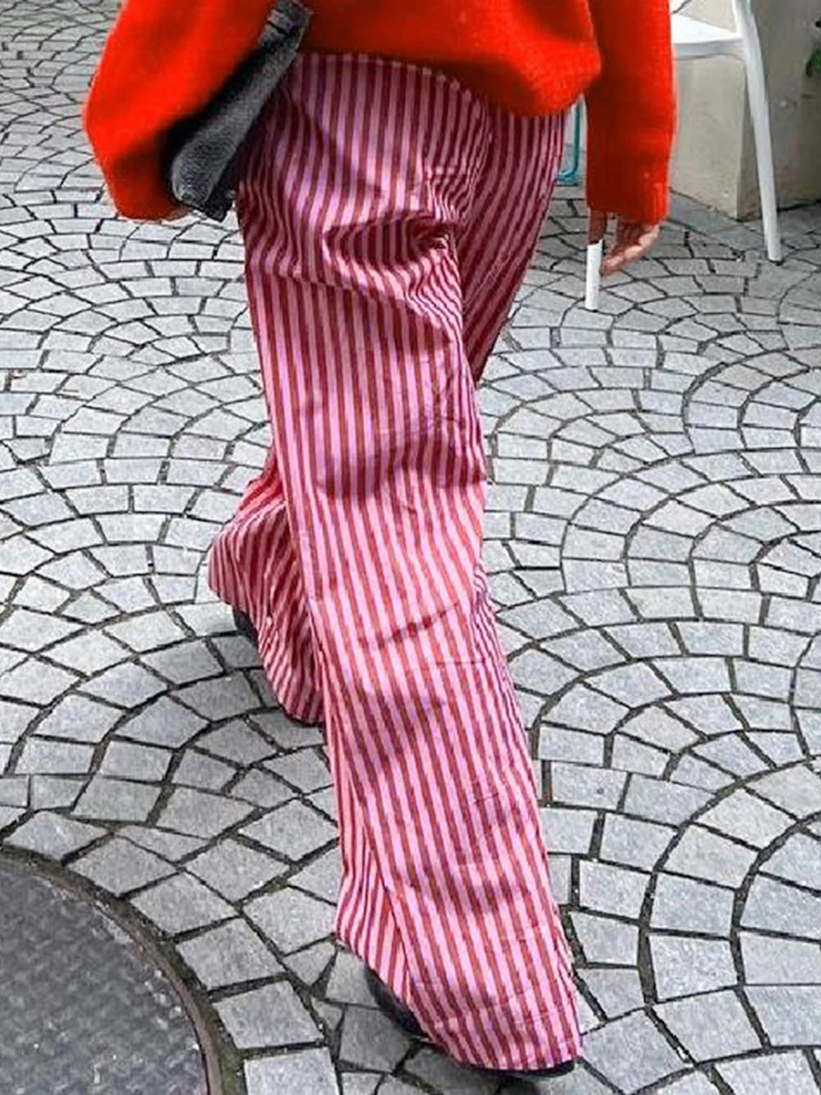 Women Y2k Stripe Print Long Pants High Elastic Waist Casual Loose Fit Wide Leg Pajama Pants with Pockets