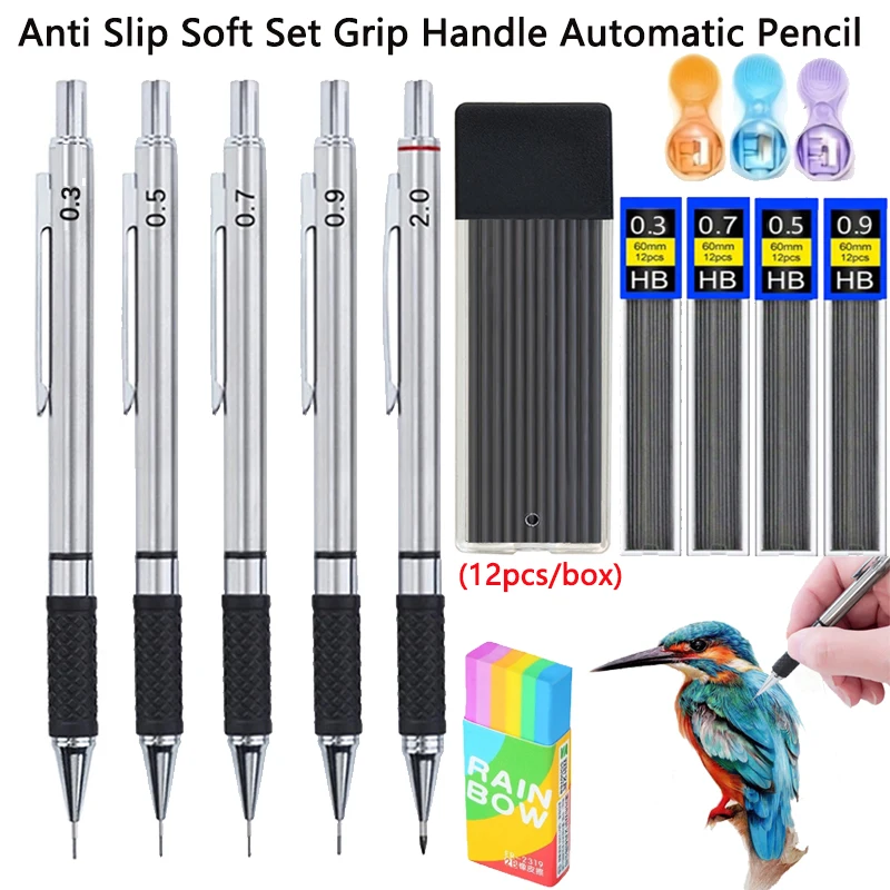 0.3/0.5/0.7/0.9/2.0mm Anti Slip Soft Set Grip Handle Activity Metal Mechanical Pencil Set Drawing Sketching Writing Stationery