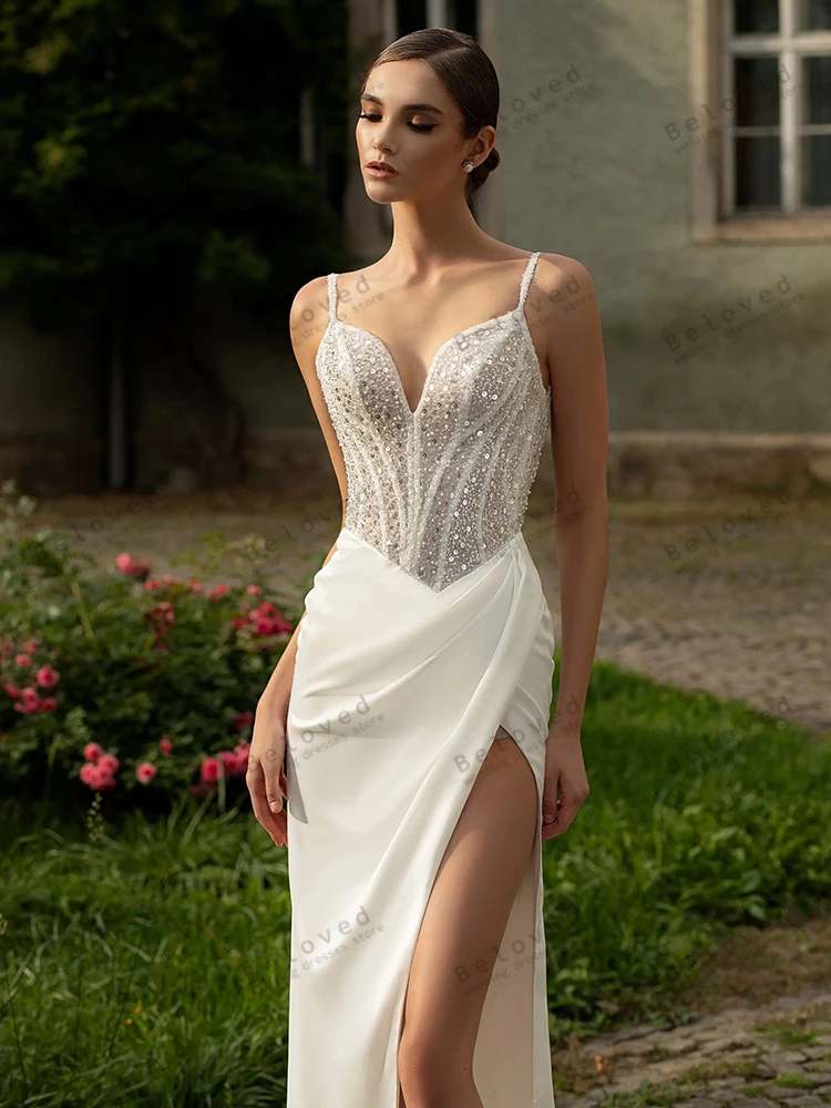 Preciosos Vestidos De Novia De satén, Vestidos De Novia con apliques De cuentas, batas sin mangas con espalda descubierta, Vestidos sexis De Novia personalizados 2025