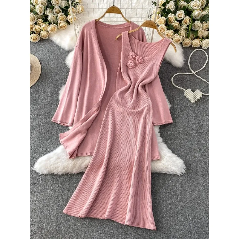 

Korea Gentle Style Pink Mid-length Knitted Cardigan Jacket Celebrity Elegant Three-dimensional Flower Dress Suit Women 2-piece