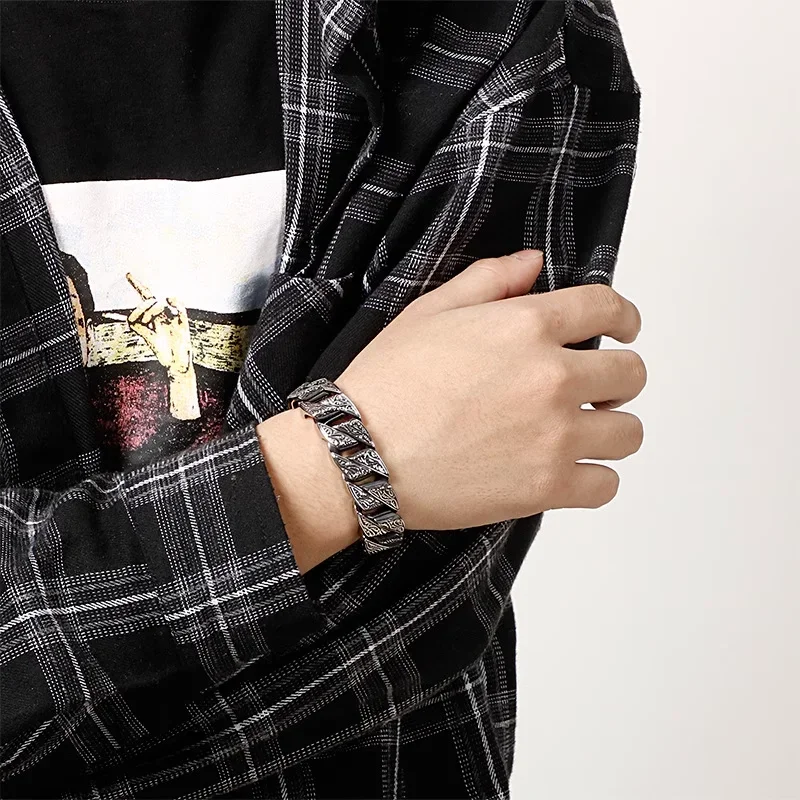 New Silver Color European and American Domineering Retro Personalized Pattern Bracelet Hip-hop Fashion Men Jewelry