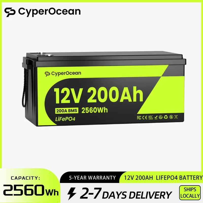 Batería LiFePO4 CyperOcean de 12V 200Ah con BMS de 200A, 15000 ciclos, protección contra bajas temperaturas, 2560Wh para RV/Marina/UPS/Almacenamiento en el hogar/Fuera de la red