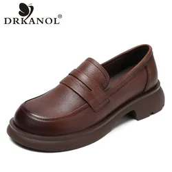 DRKANOL Handmade Retro Women Thick Heel Shoes Spring Autumn Genuine Leather Slip on Loafers Ladies British Style Driving Shoes