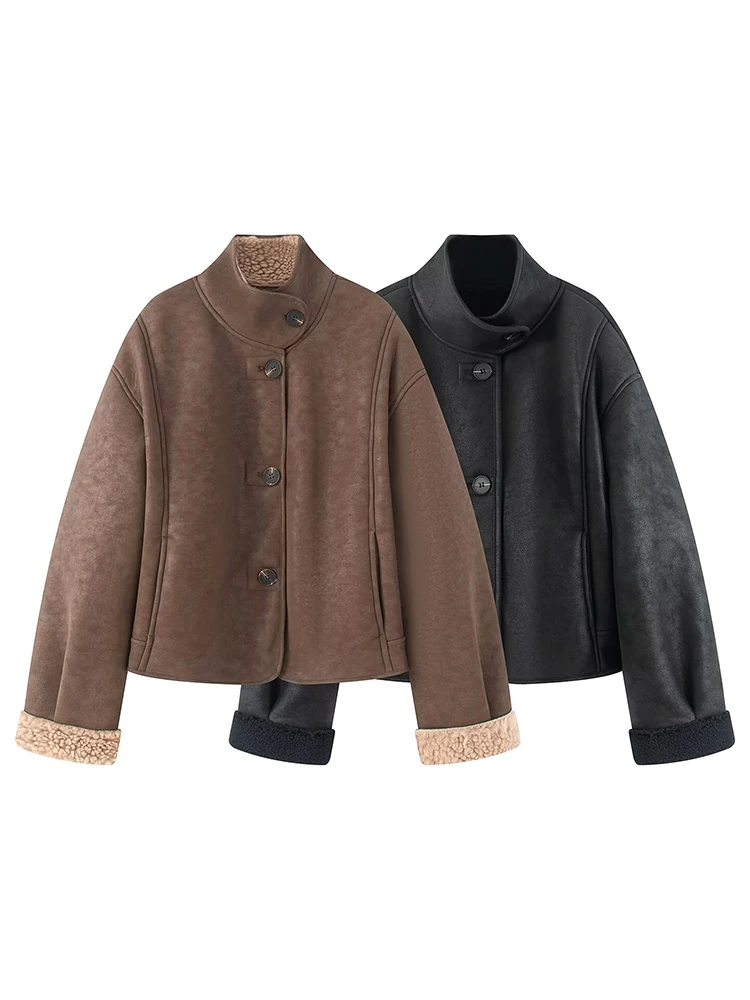 Fashion Women Casual Short Fur One-piece Coat Chic Winter Clothes Vintage Faux Leather Fur Jacket High Street Solid Warm Top
