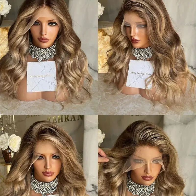 Luxury Wavy Synthetic Wig Ombre Golden Blonde HD Lace Front Wig Heat Resistant Fiber Hair Wig Human Hair Blend Wigs Party Daily