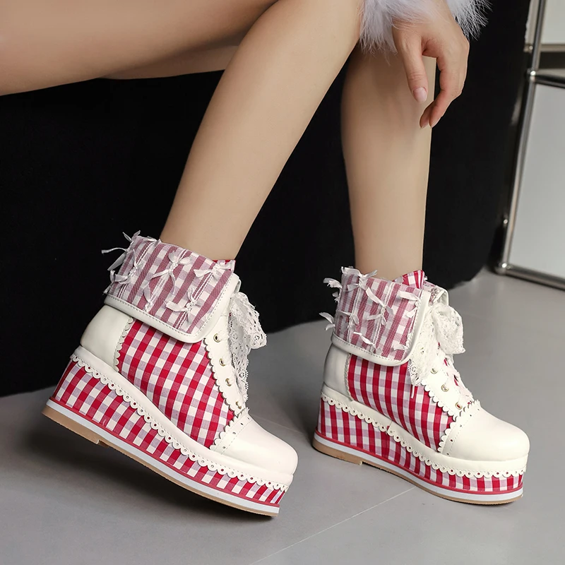 Women's Gingham Lolita Wedge Boots, Lace-Up Brogue Style, Cosplay Cute Platform Shoes - Various Color Options Plus Size 31-48