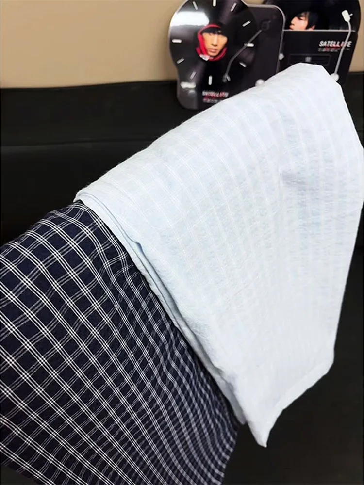 

Light Blue Ice Silk Plaid Pants Men Women Summer Thin Hanging Straight Casual Loose Cool Feeling Pants Straight Tube Pants