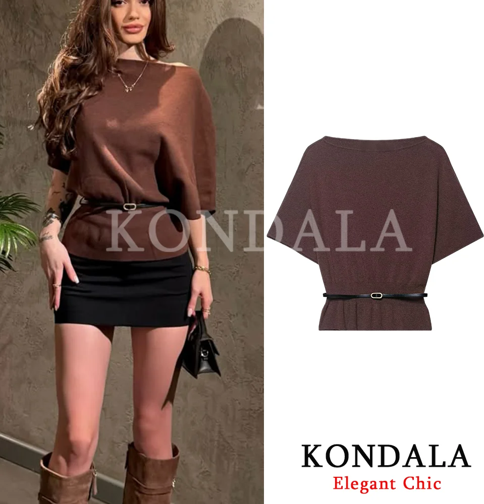 เสื้อไหมพรมสีน้ำตาลทรงหรูหรา คอทรงโอ แขนสั้น พร้อมเข็มขัด แฟชั่นผู้หญิง ฤดูใบไม้ผลิ ฤดูใบไม้ร่วง ปี 2026 เสื้อสำหรับสุภาพสตรีทำงาน