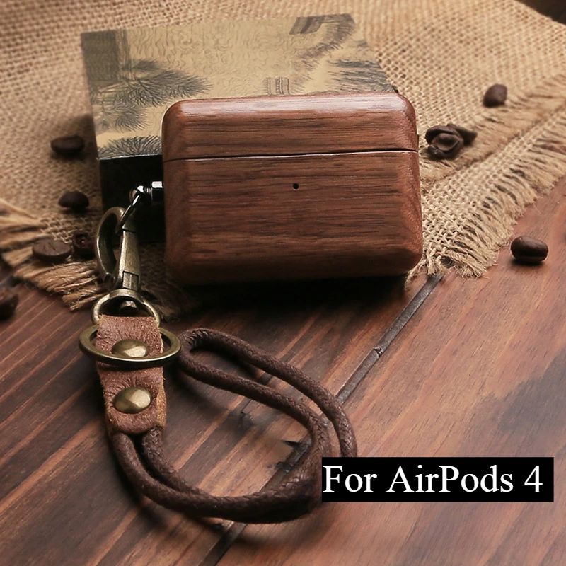 Walnut Wood Case for AirPods 4 with Leather Wrist Hand Strap Lanyard Solid Wooden Hard Protective Shell Anti-fall Earphone Cover