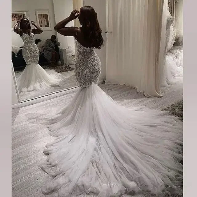 Personalizado moderno sul africano sereia vestido de casamento vestido de noiva alças espaguete padrão de renda tule longo vestido de noiva