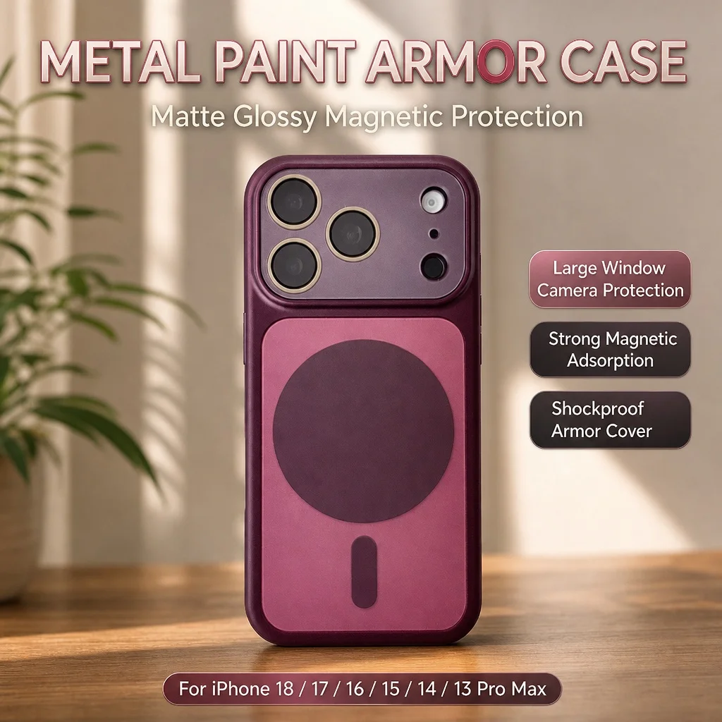 Original Metal Paint Armor Matte Glossy Magnetic Phone Case for IPhone 18 17 16 15 14 13 Pro Max Large Window Protective Cover